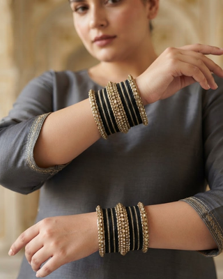 The Maharani Black Bangle Set with Stone Detailing for Both Hands (Size 2.10)