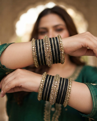 The Maharani Black Bangle Set with Stone Detailing for Both Hands (Size 2.10)