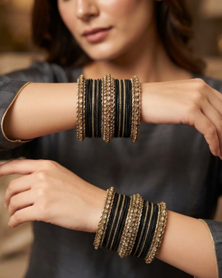 The Maharani Black Bangle Set with Stone Detailing for Both Hands (Size 2.10)