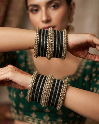 The Maharani Black Bangle Set with Stone Detailing for Both Hands (Size 2.10)