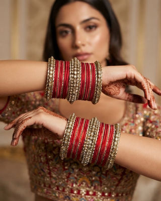 The Maharani Red Bangle Set with Stone Detailing for Both Hands (Size 2.10)