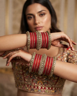 The Maharani Red Bangle Set with Stone Detailing for Both Hands (Size 2.10)