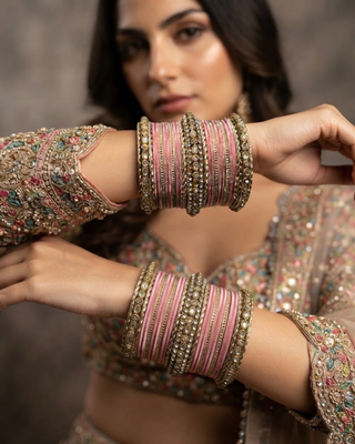 The Maharani Pink Bangle Set with Stone Detailing for Both Hands (Size 2.10)