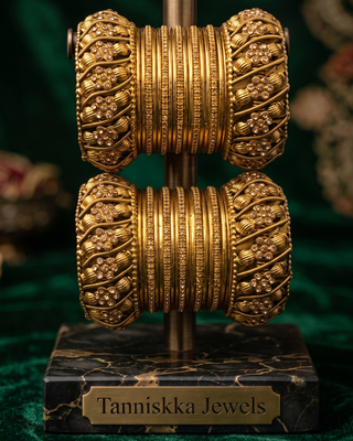Antique Gold-Tone Bangle Set with Floral Stone Detailing for Both Hands (Size 2.6)