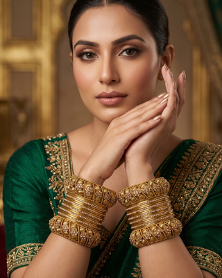 Antique Gold-Tone Bangle Set with Floral Stone Detailing for Both Hands (Size 2.6)