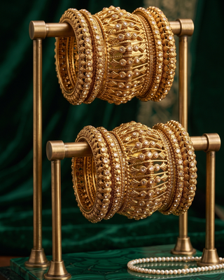 Antique Gold-Tone Bangle Set with Stone Detailing for Both Hands (Size 2.6)