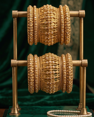 Antique Gold-Tone Bangle Set with Stone Detailing for Both Hands (Size 2.6)