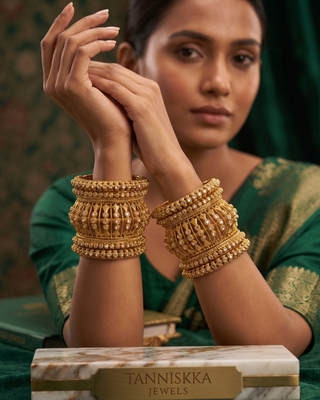 Antique Gold-Tone Bangle Set with Stone Detailing for Both Hands (Size 2.6)