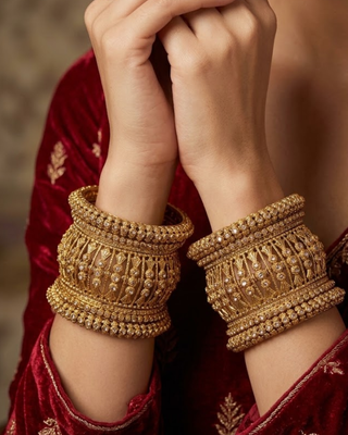 Antique Gold-Tone Bangle Set with Stone Detailing for Both Hands (Size 2.6)