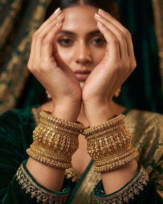 Antique Gold-Tone Bangle Set with Stone Detailing for Both Hands (Size 2.6)