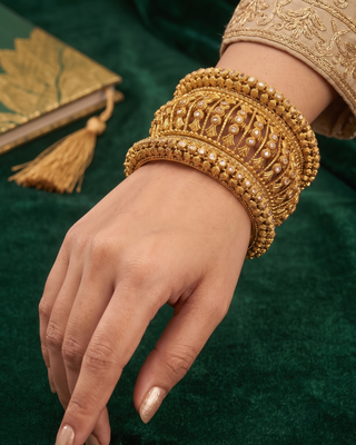 Antique Gold-Tone Bangle Set with Stone Detailing for Both Hands (Size 2.6)