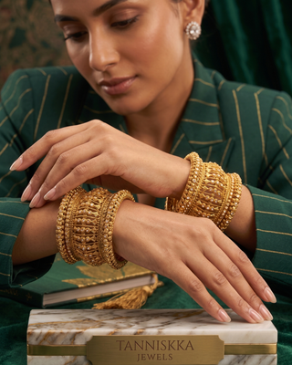 Antique Gold-Tone Bangle Set with Stone Detailing for Both Hands (Size 2.6)