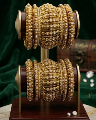 Antique Gold-Tone Bangle Set with Stone Detailing for Both Hands (Size 2.6)
