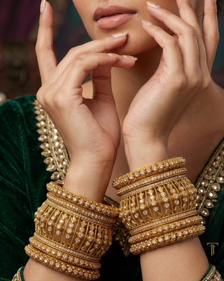 Antique Gold-Tone Bangle Set with Stone Detailing for Both Hands (Size 2.6)