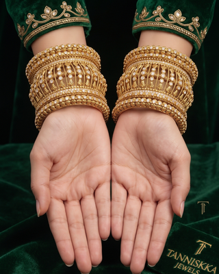 Antique Gold-Tone Bangle Set with Stone Detailing for Both Hands (Size 2.6)