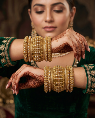 Antique Gold-Tone Bangle Set with Stone Detailing for Both Hands (Size 2.6)