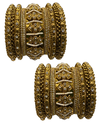 Antique Gold-Tone Bangle Set with Stone Detailing for Both Hands (Size 2.6)