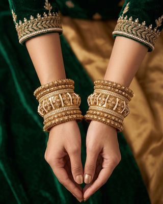 Antique Gold-Tone Bangle Set with Stone Detailing for Both Hands (Size 2.6)