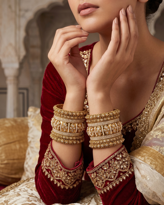 Antique Gold-Tone Bangle Set with Stone Detailing for Both Hands (Size 2.6)