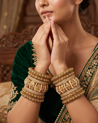 Antique Gold-Tone Bangle Set with Stone Detailing for Both Hands (Size 2.6)