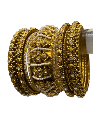 Antique Gold-Tone Bangle Set with Stone Detailing for Both Hands (Size 2.6)