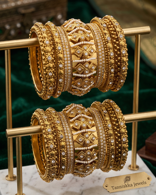 Antique Gold-Tone Bangle Set with Stone Detailing for Both Hands (Size 2.6)