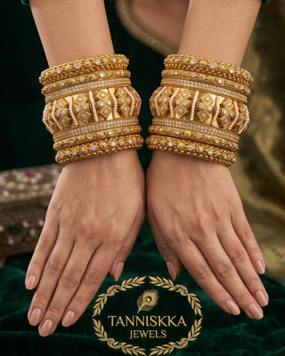 Antique Gold-Tone Bangle Set with Stone Detailing for Both Hands (Size 2.6)