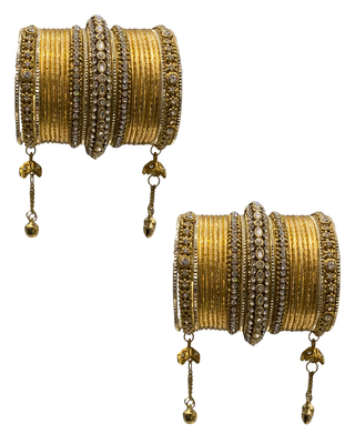 Antique Gold-Tone Bangle Set with Stone Detailing for Both Hands (Size 2.6)