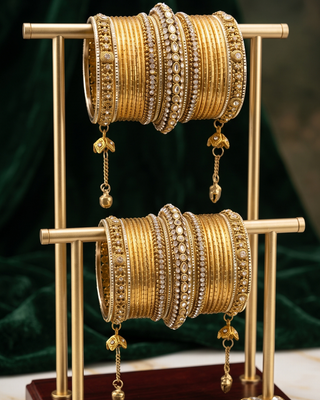 Antique Gold-Tone Bangle Set with Stone Detailing for Both Hands (Size 2.6)