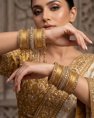 Antique Gold-Tone Bangle Set with Stone Detailing for Both Hands (Size 2.6)