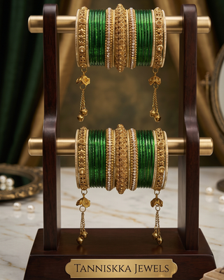 The Maharani Emerald Bangle Set with Stone Detailing for Both Hands (Size 2.4)