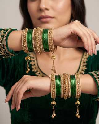 The Maharani Emerald Bangle Set with Stone Detailing for Both Hands (Size 2.4)