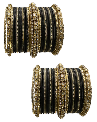 The Maharani Midnight Black Bangle Set with Stone Detailing for Both Hands (Size 2.8)