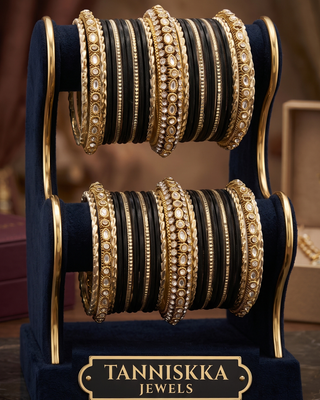 The Maharani Midnight Black Bangle Set with Stone Detailing for Both Hands (Size 2.8)