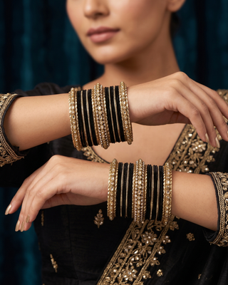 The Maharani Midnight Black Bangle Set with Stone Detailing for Both Hands (Size 2.8)