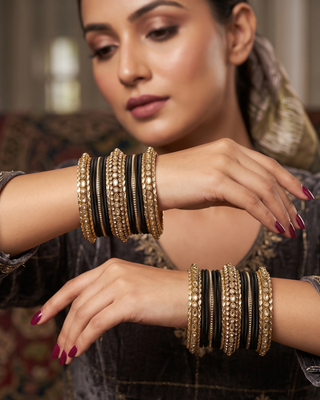 The Maharani Midnight Black Bangle Set with Stone Detailing for Both Hands (Size 2.8)