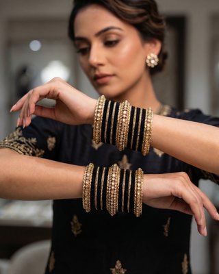 The Maharani Midnight Black Bangle Set with Stone Detailing for Both Hands (Size 2.8)