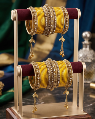 The Maharani Yellow Bangle Set with Stone Detailing for Both Hands (Size 2.4)