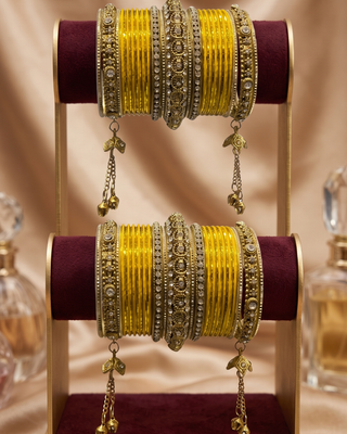 The Maharani Yellow Bangle Set with Stone Detailing for Both Hands (Size 2.4)