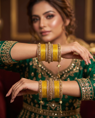 The Maharani Yellow Bangle Set with Stone Detailing for Both Hands (Size 2.4)