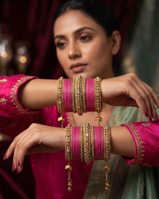 The Maharani Rose Bangle Set with Stone Detailing for Both Hands (Size 2.6)