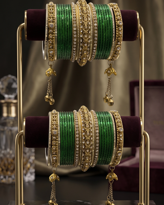 The Maharani Emerald Bangle Set with Stone Detailing for Both Hands (Size 2.6)
