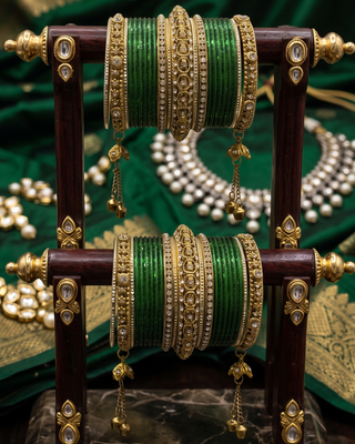 The Maharani Emerald Bangle Set with Stone Detailing for Both Hands (Size 2.6)