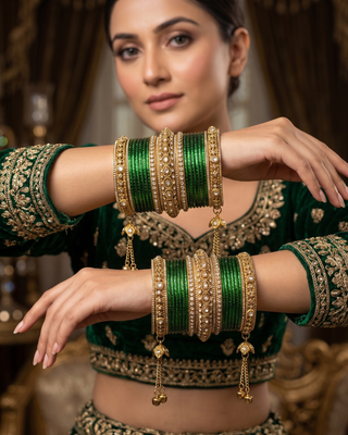 The Maharani Emerald Bangle Set with Stone Detailing for Both Hands (Size 2.6)