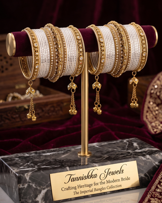 The Maharani Jasmine White Bangle Set with Stone Detailing for Both Hands (Size 2.6)