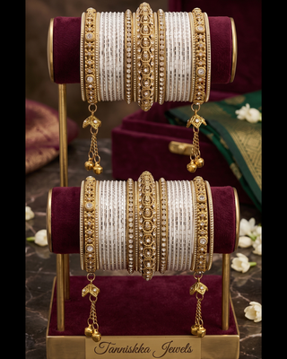 The Maharani Jasmine White Bangle Set with Stone Detailing for Both Hands (Size 2.6)