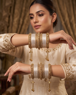The Maharani Jasmine White Bangle Set with Stone Detailing for Both Hands (Size 2.6)