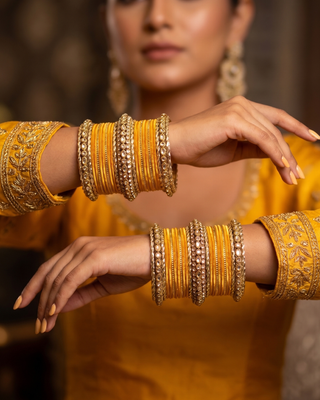 The Maharani Yellow Bangle Set with Stone Detailing for Both Hands (Size 2.4)