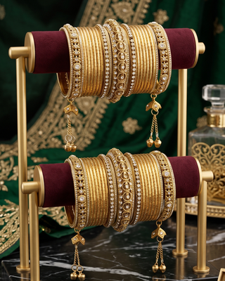 The Maharani Golden Bangle Set with Stone Detailing for Both Hands (Size 2.6)