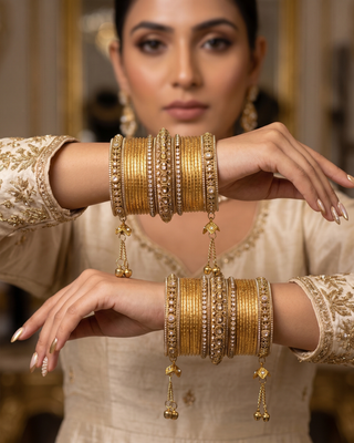 The Maharani Golden Bangle Set with Stone Detailing for Both Hands (Size 2.6)